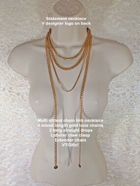 Multi strand chain link necklace, 4 mixed length gold tone chains, 2 side chains